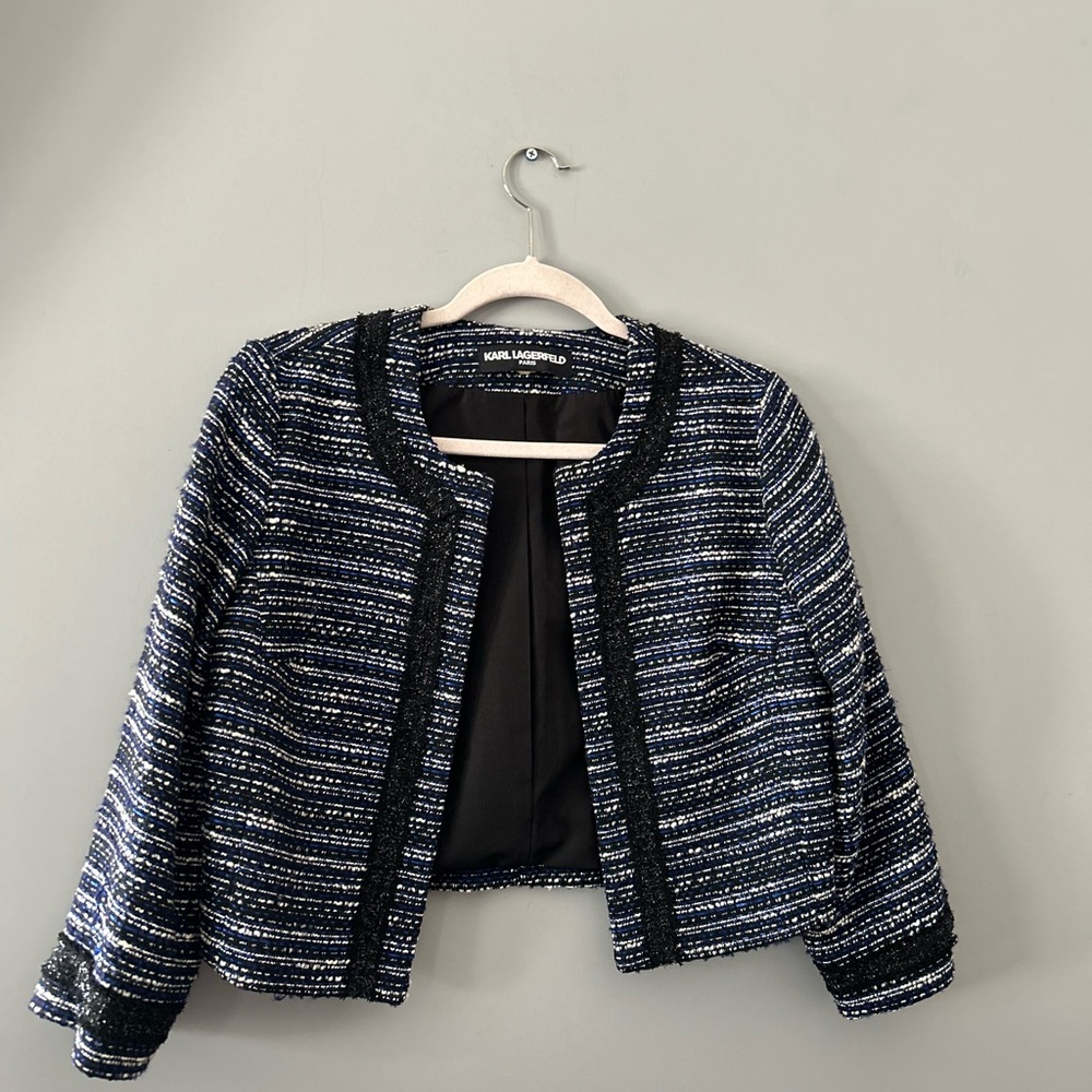 Karl Lagerfeld Blue and Black Blazer with Textured Tweed